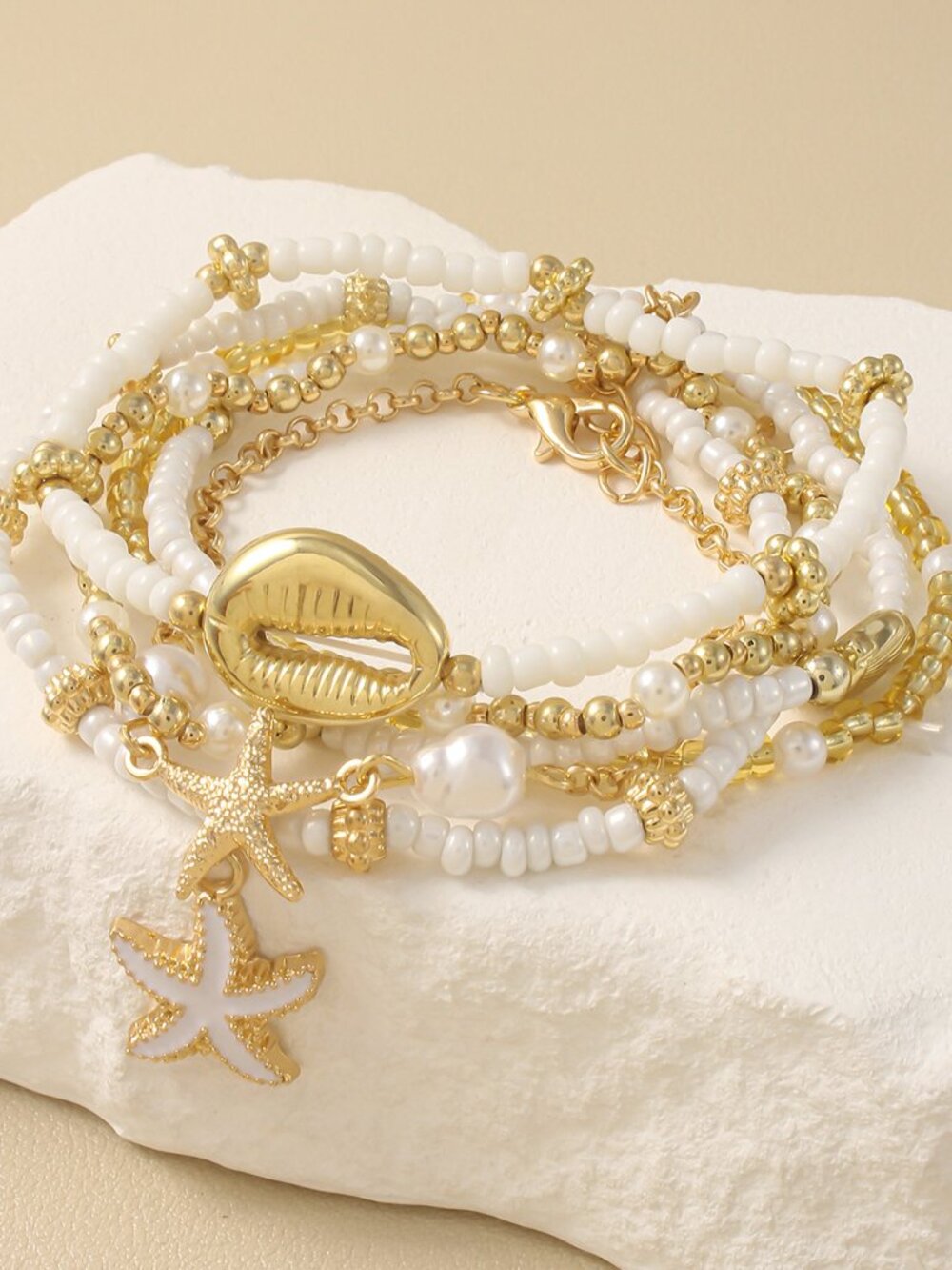 Gold Starfish Shell Pearl Multi Layer Anklet Set Boho Beach Vacation Coastal - Picture 8 of 8